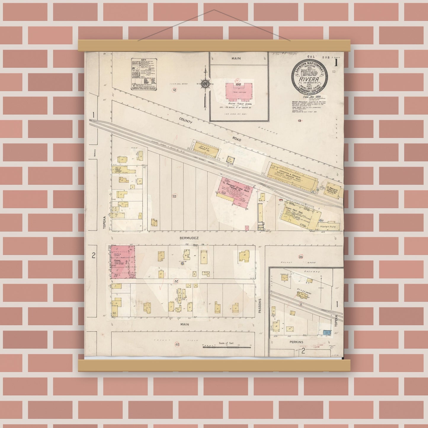 Old map wall art mockup — magnetic wood frame on brick wall — Sanborn Fire Insurance Map from Rivera, Los Angeles County, California (1929) - Complete Map Set