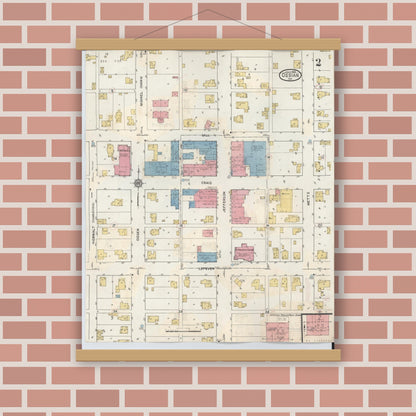 Old map wall art mockup — magnetic wood frame on brick wall — Sanborn Fire Insurance Map from Ossian, Wells County, Indiana (1933), Sheet #0002