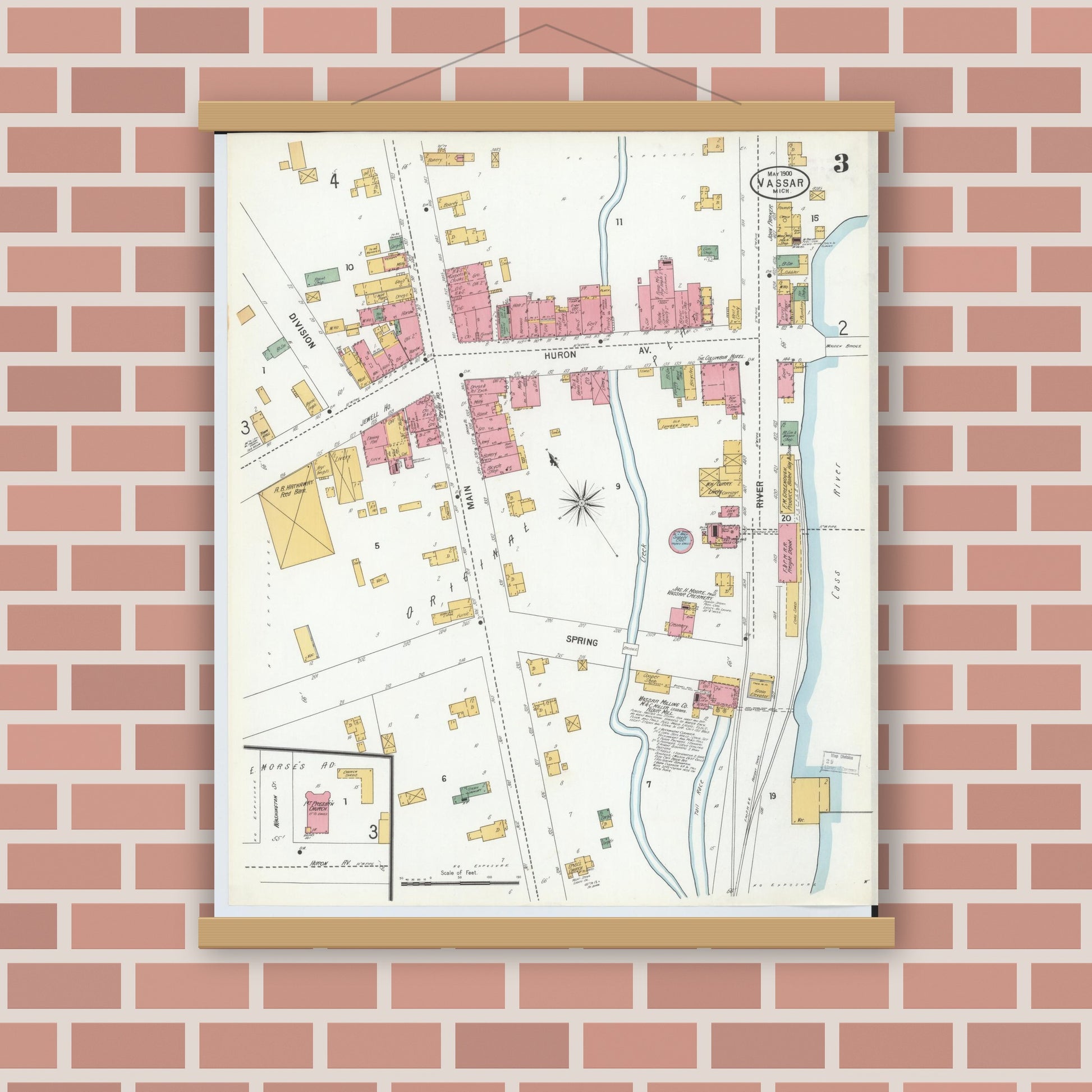 Old map wall art mockup — magnetic wood frame on brick wall — Sanborn Fire Insurance Map from Vassar, Tuscola County, Michigan (1900), Sheet #0003