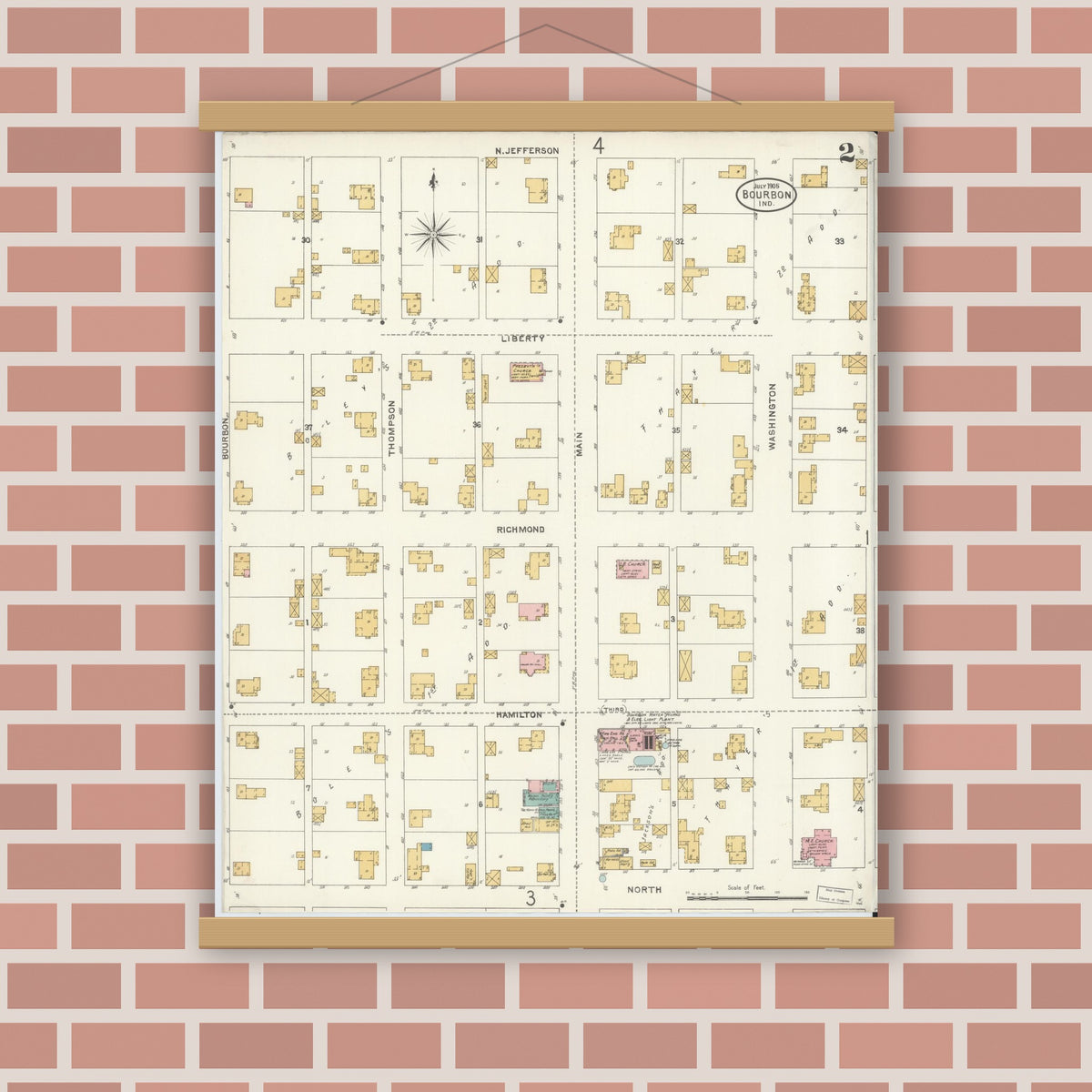 Old map wall art mockup — magnetic wood frame on brick wall — Sanborn Fire Insurance Map from Bourbon, Marshall County, Indiana (1905), Sheet #0002