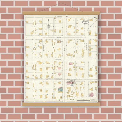 Old map wall art mockup — magnetic wood frame on brick wall — Sanborn Fire Insurance Map from Bourbon, Marshall County, Indiana (1905), Sheet #0002