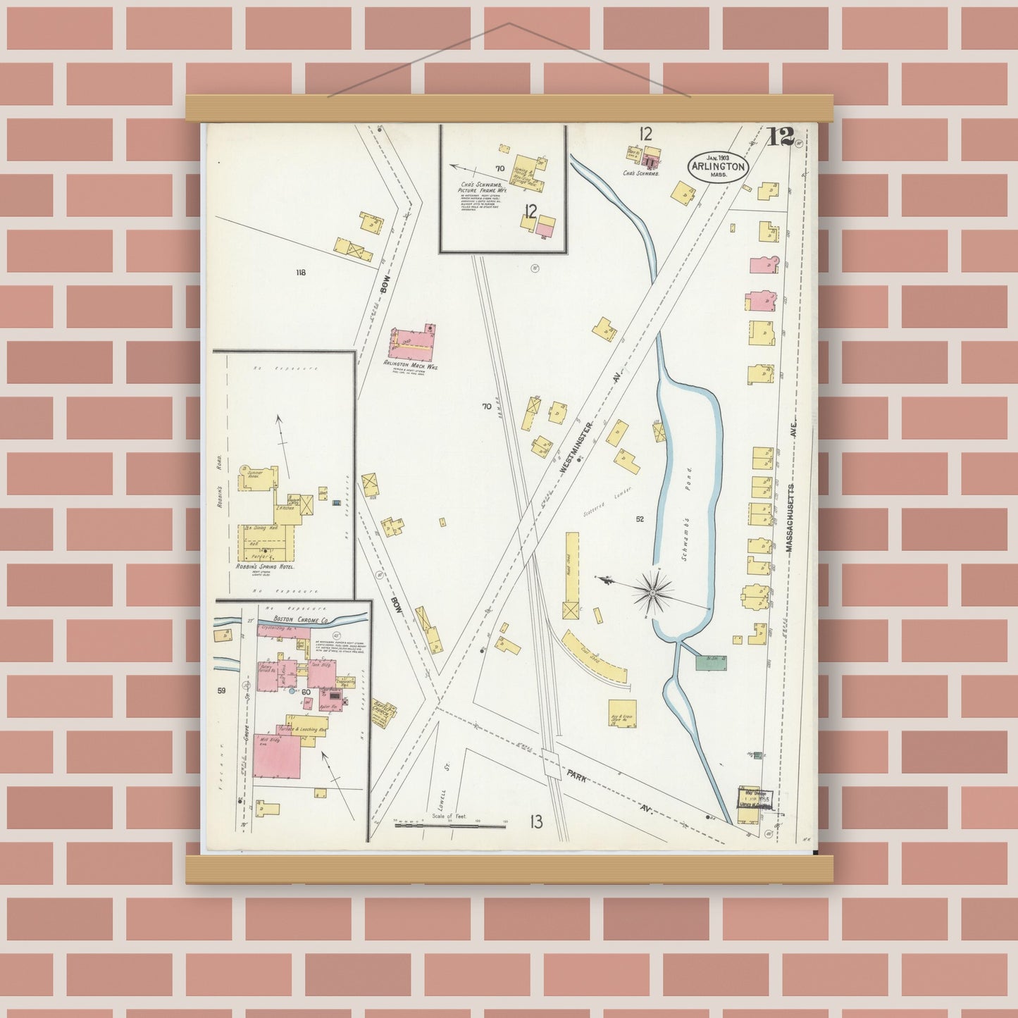 Old map wall art mockup — magnetic wood frame on brick wall — Sanborn Fire Insurance Map from Arlington, Middlesex County, Massachusetts (1903), Sheet #0012