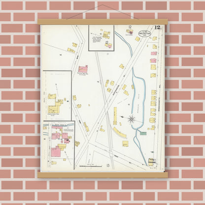 Old map wall art mockup — magnetic wood frame on brick wall — Sanborn Fire Insurance Map from Arlington, Middlesex County, Massachusetts (1903), Sheet #0012