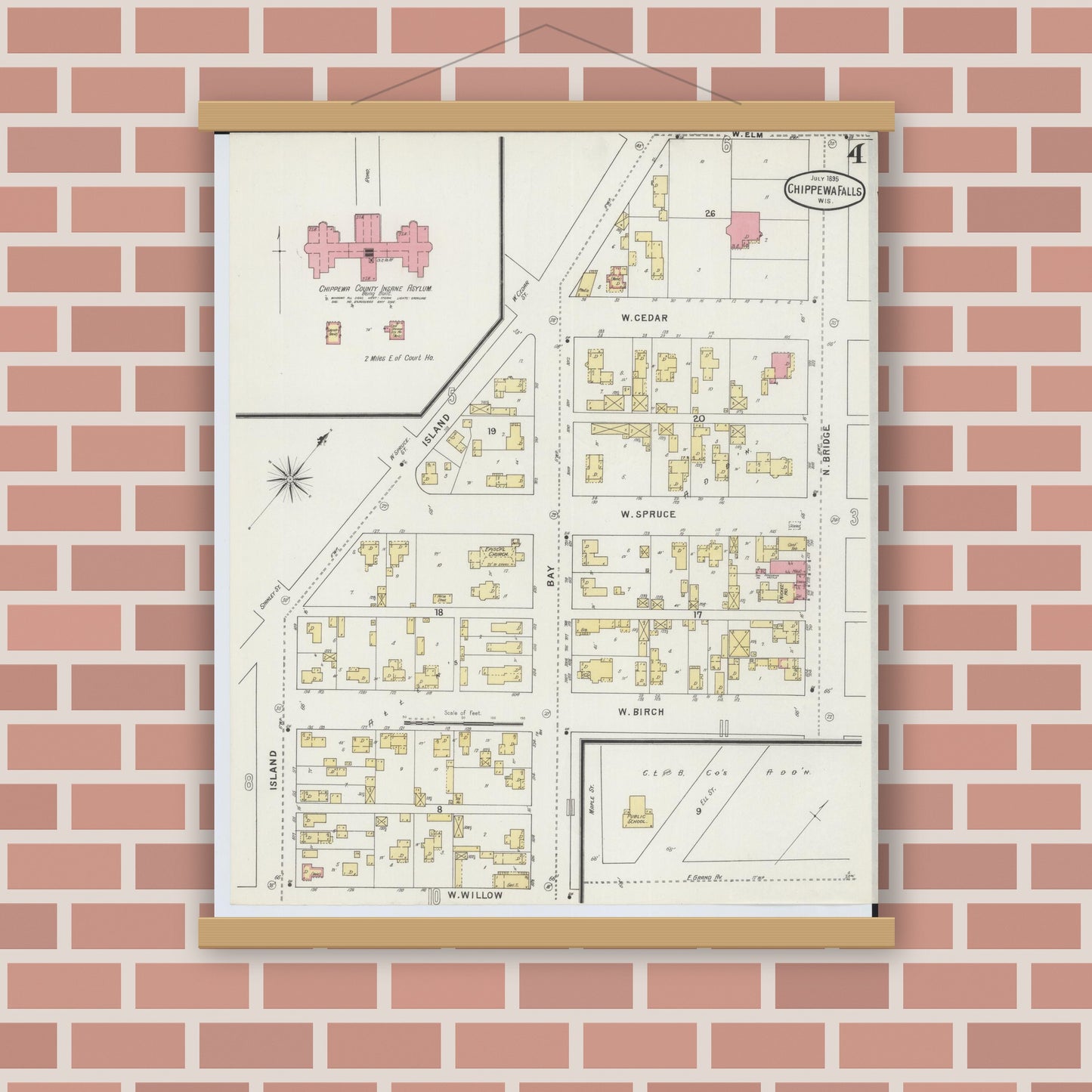Old map wall art mockup — magnetic wood frame on brick wall — Sanborn Fire Insurance Map from Chippewa Falls, Chippewa County, Wisconsin (1895), Sheet #0004