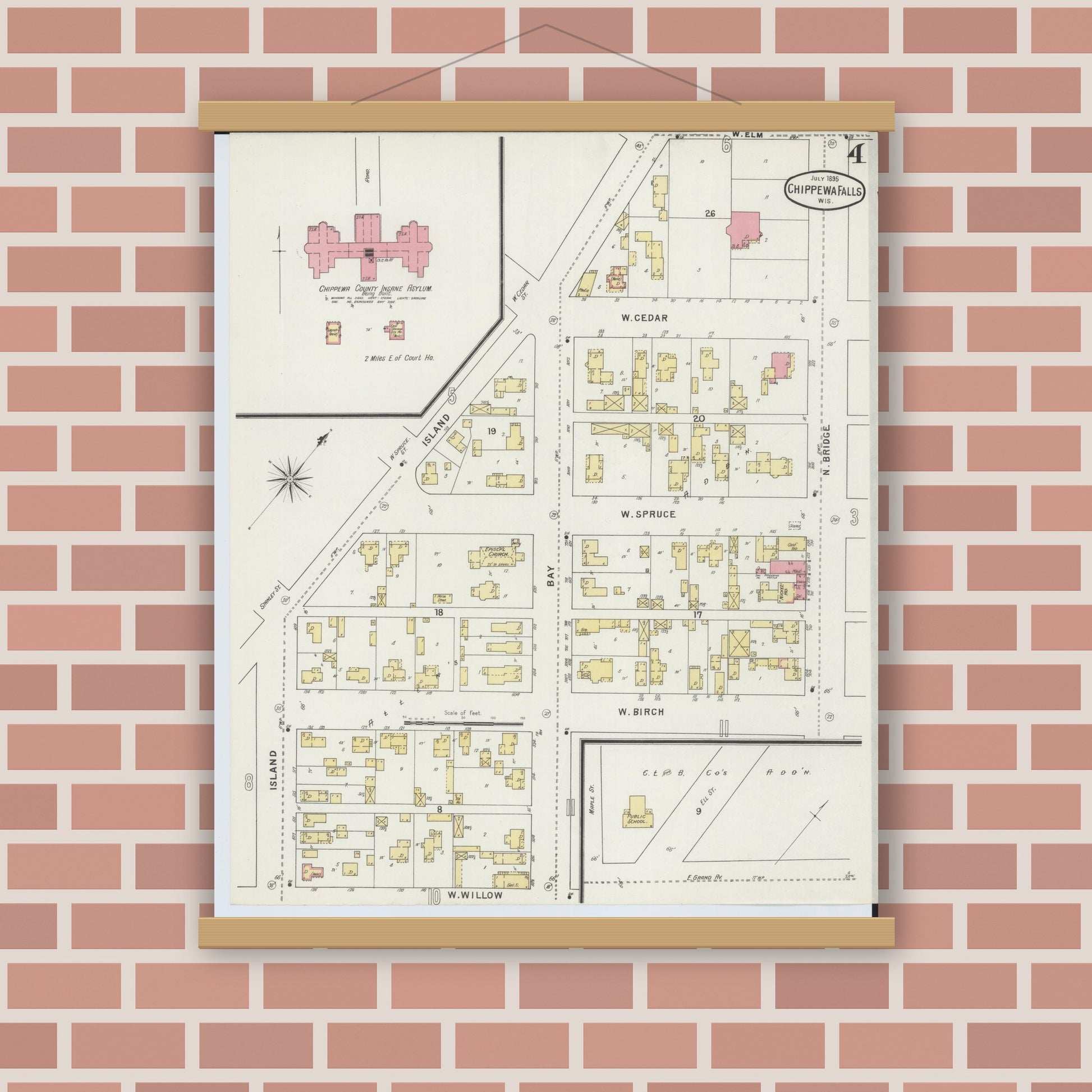 Old map wall art mockup — magnetic wood frame on brick wall — Sanborn Fire Insurance Map from Chippewa Falls, Chippewa County, Wisconsin (1895), Sheet #0004
