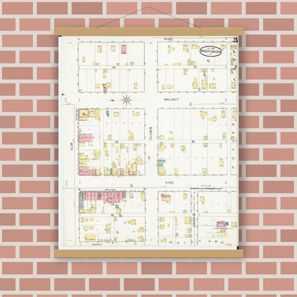 Old map wall art mockup — magnetic wood frame on brick wall — Sanborn Fire Insurance Map from West Union, Fayette County, Iowa (1894), Sheet #0003