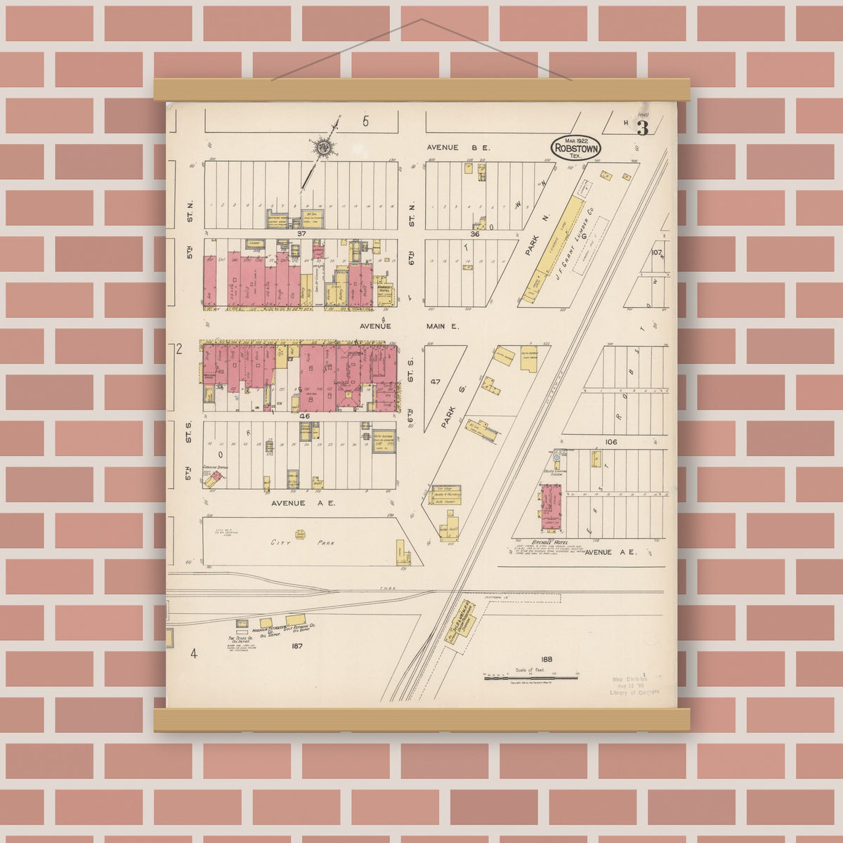 Old map wall art mockup — magnetic wood frame on brick wall — Sanborn Fire Insurance Map from Robstown, Nueces County, Texas (1922), Sheet #0003