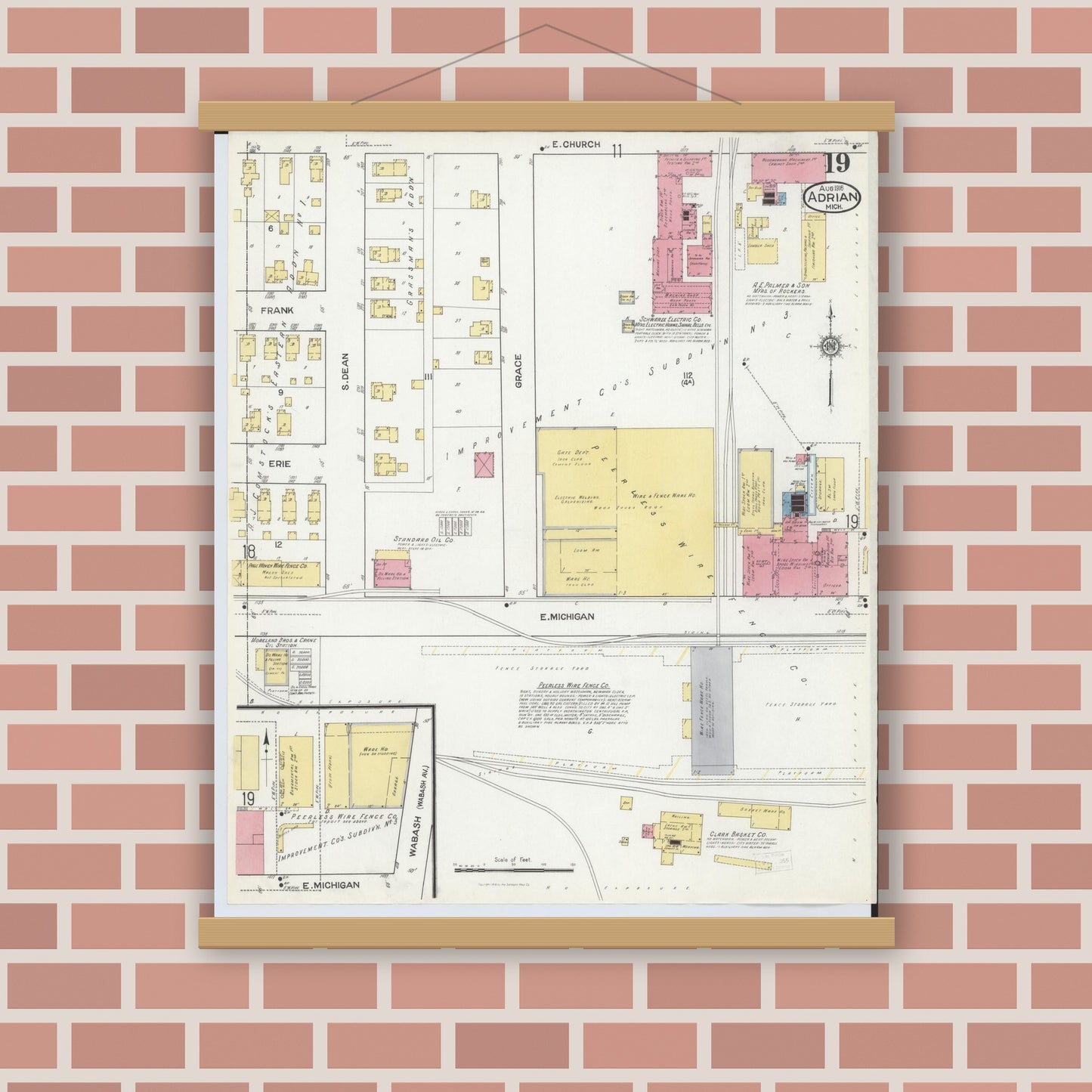 Old map wall art mockup — magnetic wood frame on brick wall — Sanborn Fire Insurance Map from Adrian, Lenawee County, Michigan (1916), Sheet #0019