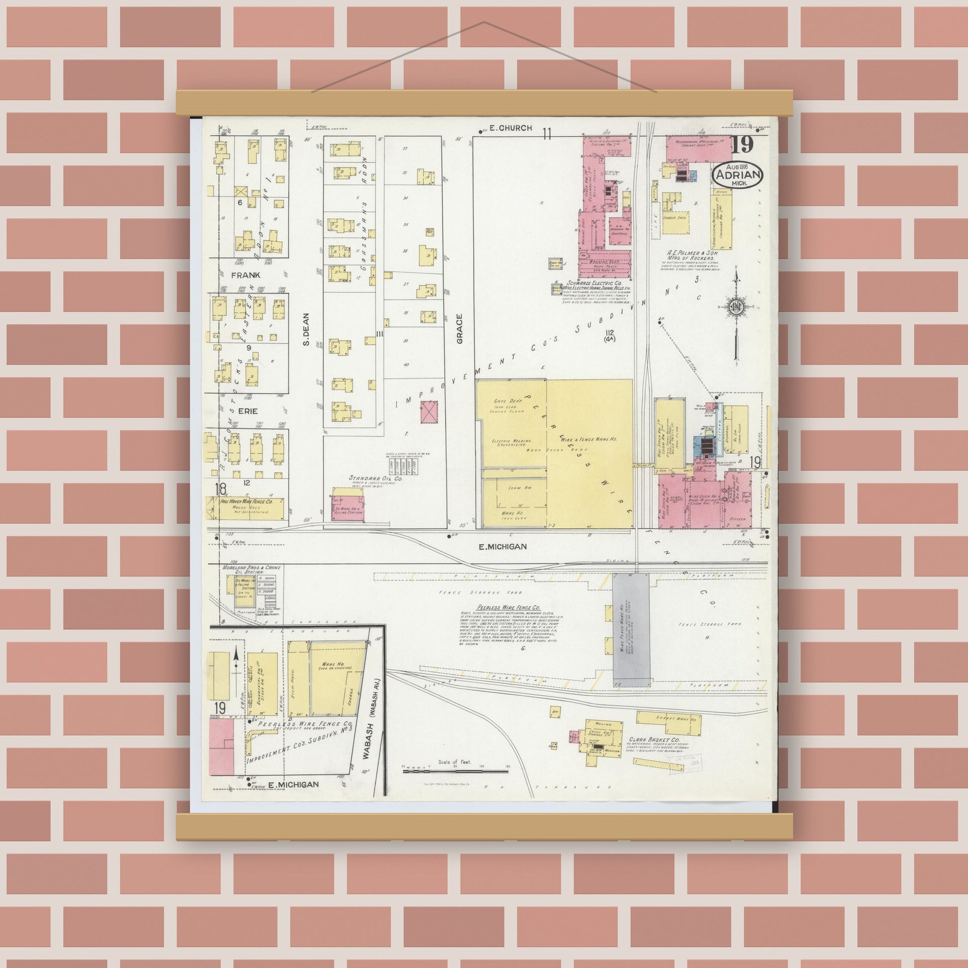 Old map wall art mockup — magnetic wood frame on brick wall — Sanborn Fire Insurance Map from Adrian, Lenawee County, Michigan (1916), Sheet #0019