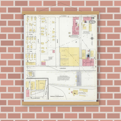 Old map wall art mockup — magnetic wood frame on brick wall — Sanborn Fire Insurance Map from Adrian, Lenawee County, Michigan (1916), Sheet #0019
