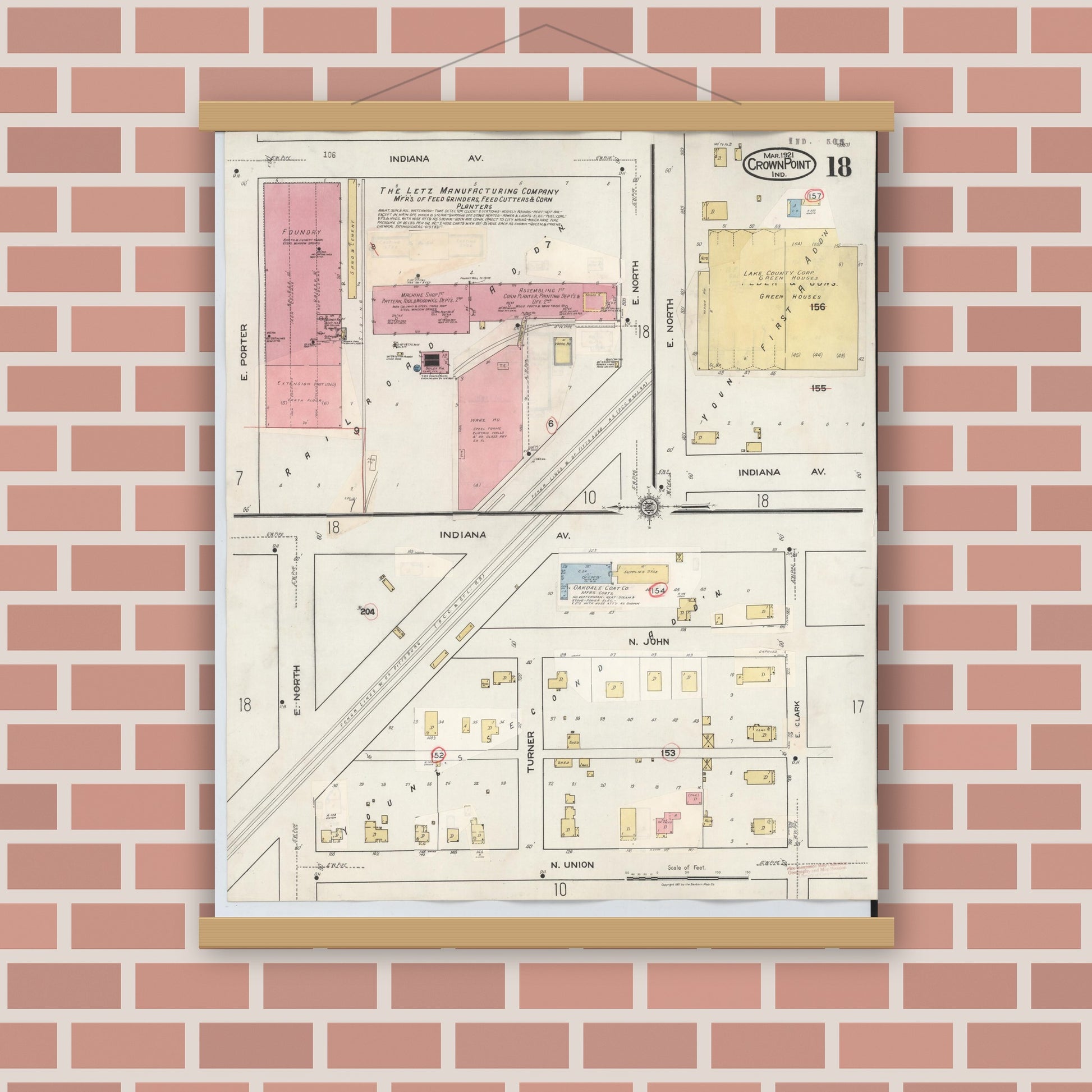 Old map wall art mockup — magnetic wood frame on brick wall — Sanborn Fire Insurance Map from Crown Point, Lake County, Indiana (1948), Sheet #0018