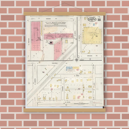 Old map wall art mockup — magnetic wood frame on brick wall — Sanborn Fire Insurance Map from Crown Point, Lake County, Indiana (1948), Sheet #0018