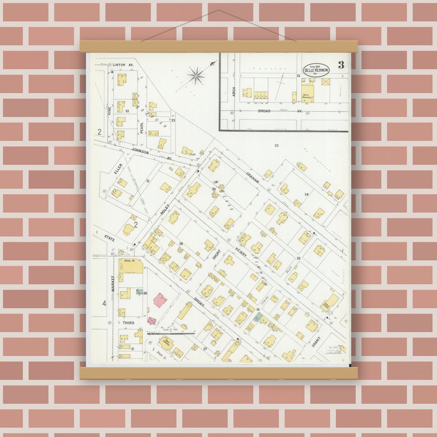 Old map wall art mockup — magnetic wood frame on brick wall — Sanborn Fire Insurance Map from Belle Vernon, Fayette County, Pennsylvania (1900), Sheet #0003