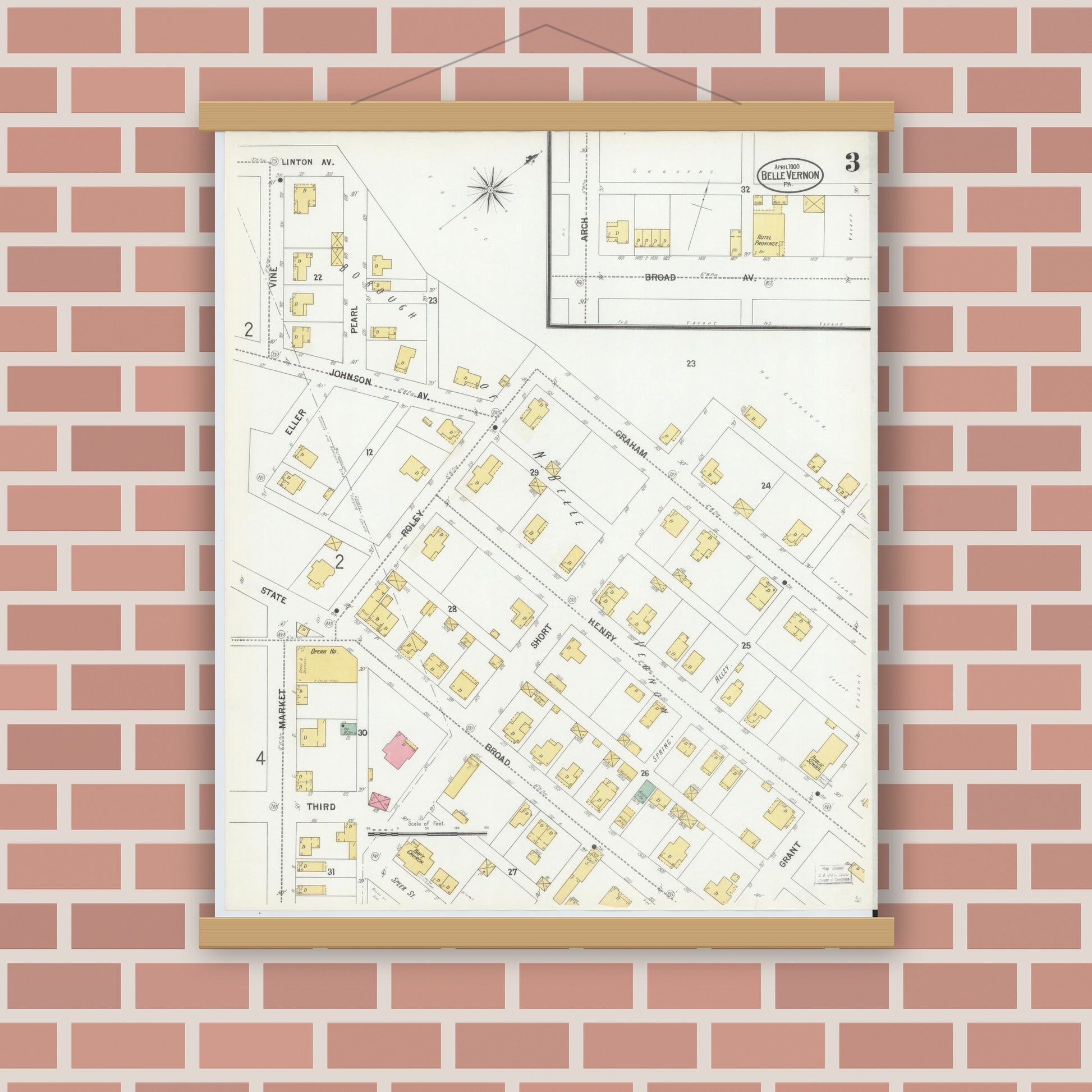 Old map wall art mockup — magnetic wood frame on brick wall — Sanborn Fire Insurance Map from Belle Vernon, Fayette County, Pennsylvania (1900), Sheet #0003
