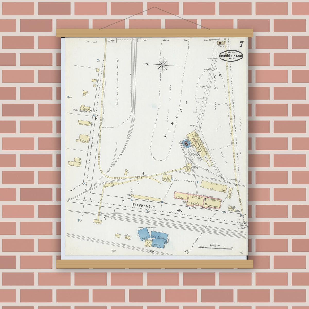 Old map wall art mockup — magnetic wood frame on brick wall — Sanborn Fire Insurance Map from Iron Mountain, Dickinson County, Michigan (1891), Sheet #0007
