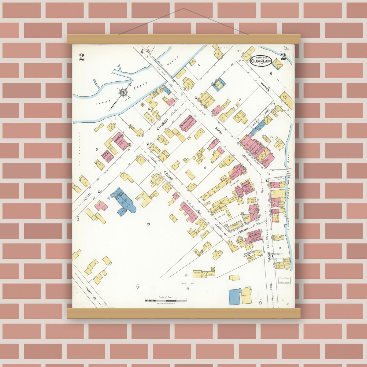 Old map wall art mockup — magnetic wood frame on brick wall — Sanborn Fire Insurance Map from Champlain, Clinton County, New York (1923), Sheet #0002