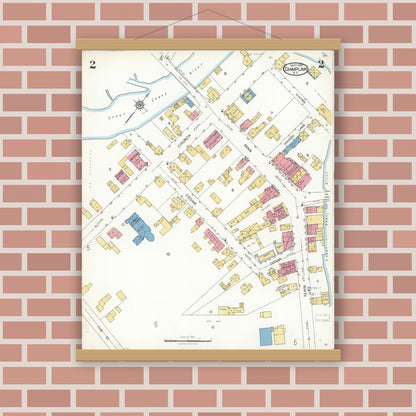 Old map wall art mockup — magnetic wood frame on brick wall — Sanborn Fire Insurance Map from Champlain, Clinton County, New York (1923), Sheet #0002