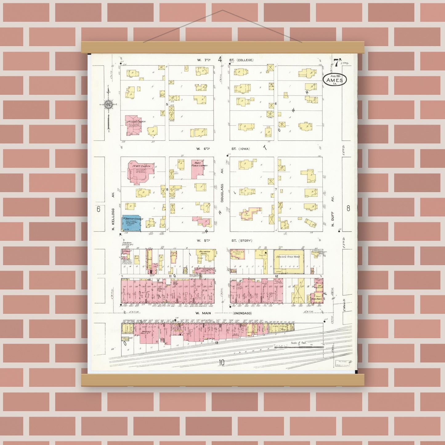 Old map wall art mockup — magnetic wood frame on brick wall — Sanborn Fire Insurance Map from Ames, Story County, Iowa (1911), Sheet #0007