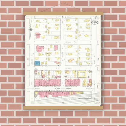 Old map wall art mockup — magnetic wood frame on brick wall — Sanborn Fire Insurance Map from Ames, Story County, Iowa (1911), Sheet #0007