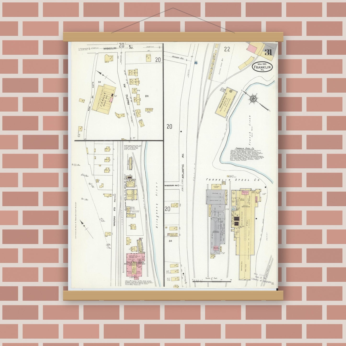 Old map wall art mockup — magnetic wood frame on brick wall — Sanborn Fire Insurance Map from Franklin, Venango County, Pennsylvania (1912), Sheet #0031