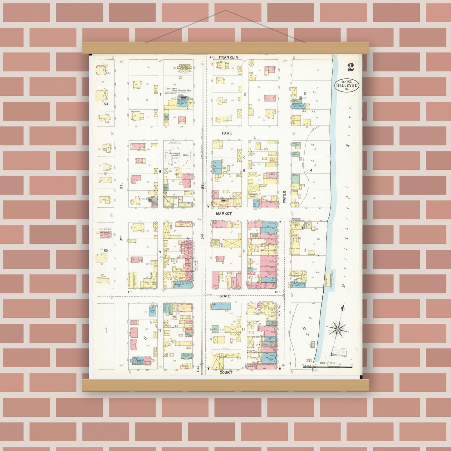 Old map wall art mockup — magnetic wood frame on brick wall — Sanborn Fire Insurance Map from Bellevue, Jackson County, Iowa (1902), Sheet #0002