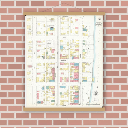Old map wall art mockup — magnetic wood frame on brick wall — Sanborn Fire Insurance Map from Bellevue, Jackson County, Iowa (1902), Sheet #0002
