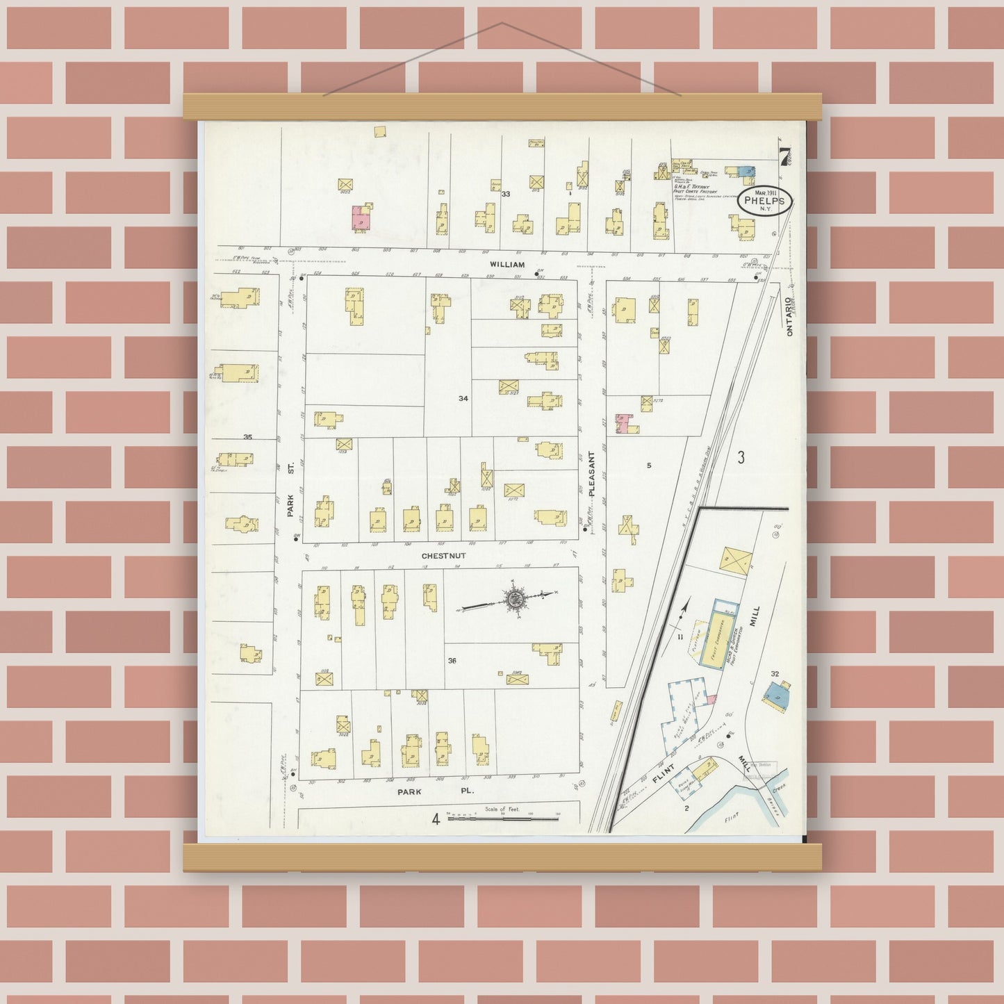 Old map wall art mockup — magnetic wood frame on brick wall — Sanborn Fire Insurance Map from Phelps, Ontario County, New York (1911), Sheet #0007