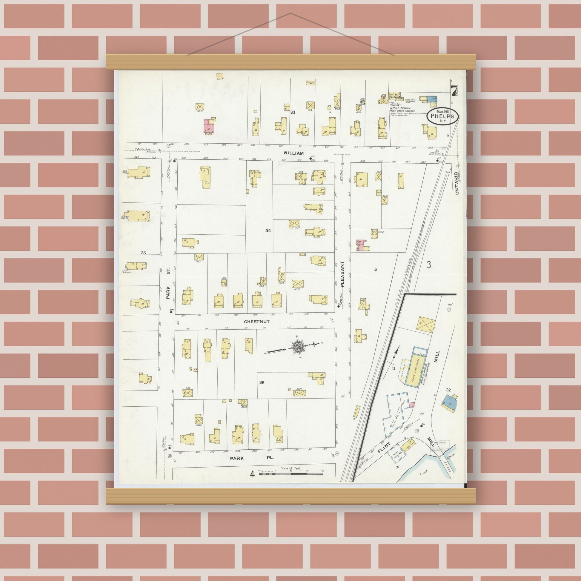 Old map wall art mockup — magnetic wood frame on brick wall — Sanborn Fire Insurance Map from Phelps, Ontario County, New York (1911), Sheet #0007