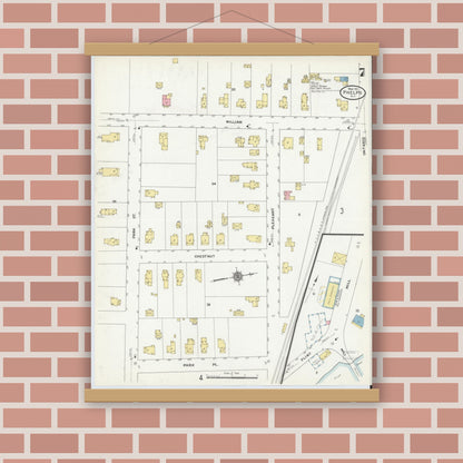 Old map wall art mockup — magnetic wood frame on brick wall — Sanborn Fire Insurance Map from Phelps, Ontario County, New York (1911), Sheet #0007