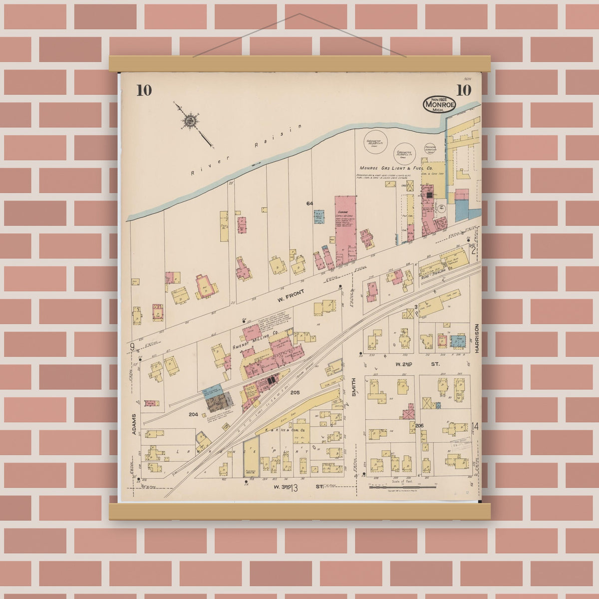 Old map wall art mockup — magnetic wood frame on brick wall — Sanborn Fire Insurance Map from Monroe, Monroe County, Michigan (1922), Sheet #0010