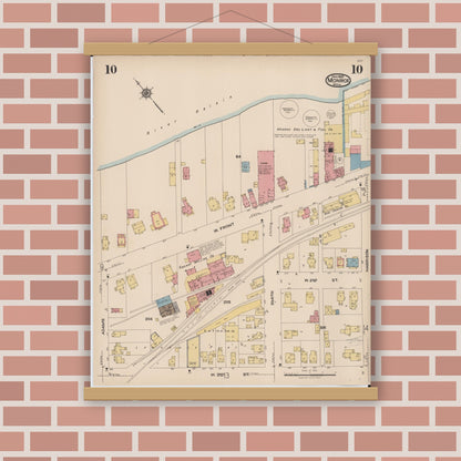 Old map wall art mockup — magnetic wood frame on brick wall — Sanborn Fire Insurance Map from Monroe, Monroe County, Michigan (1922), Sheet #0010
