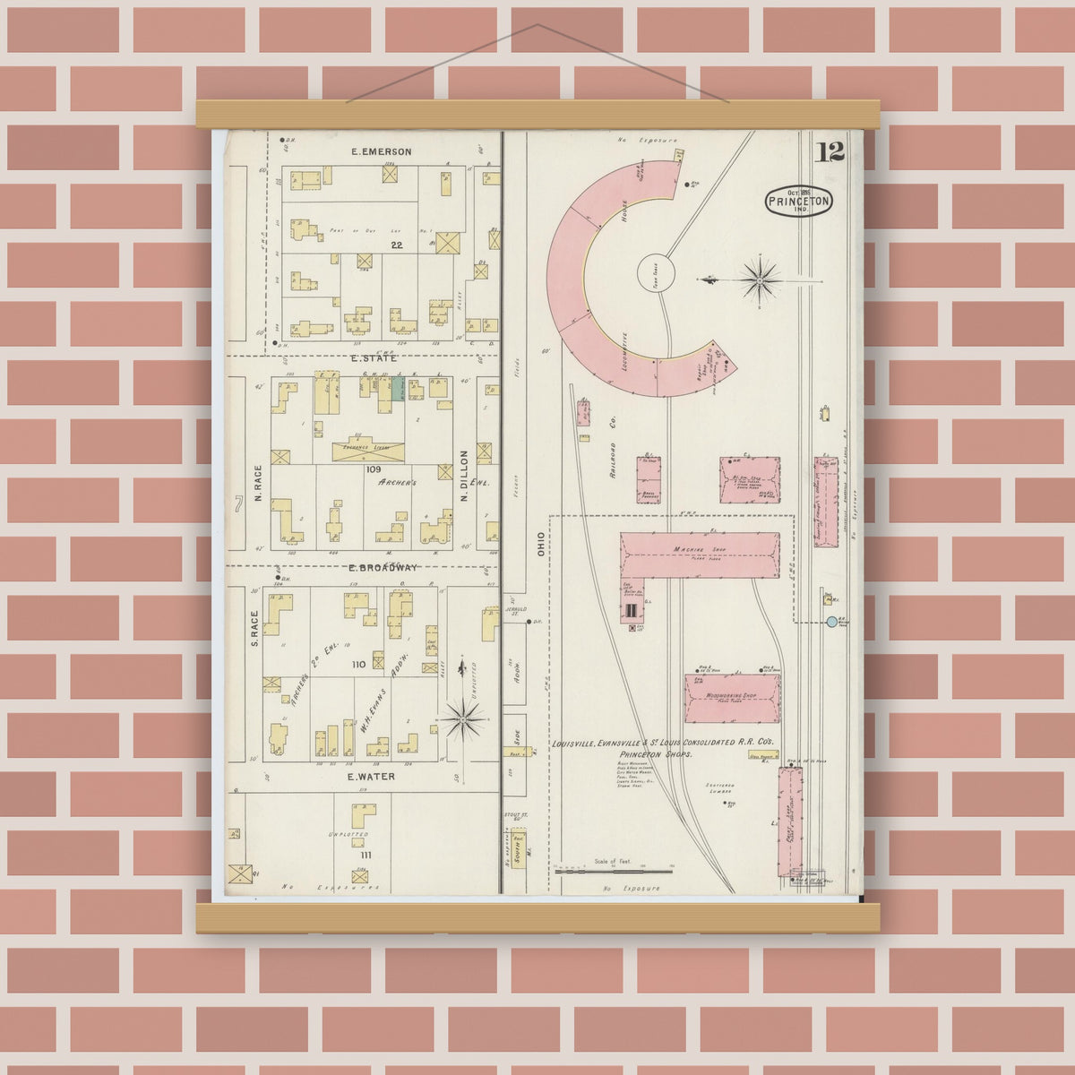 Old map wall art mockup — magnetic wood frame on brick wall — Sanborn Fire Insurance Map from Princeton, Gibson County, Indiana (1895), Sheet #0012