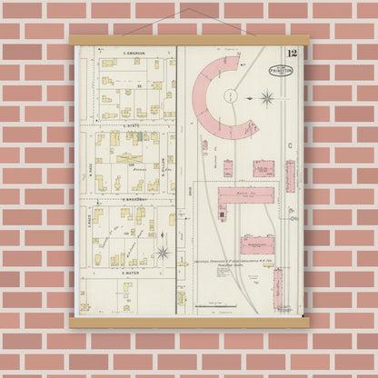 Old map wall art mockup — magnetic wood frame on brick wall — Sanborn Fire Insurance Map from Princeton, Gibson County, Indiana (1895), Sheet #0012