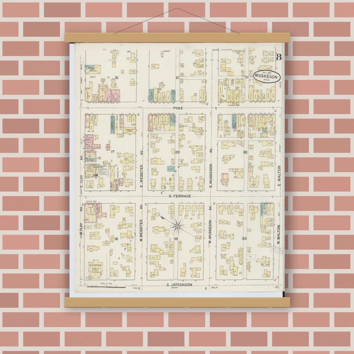 Old map wall art mockup — magnetic wood frame on brick wall — Sanborn Fire Insurance Map from Muskegon, Muskegon County, Michigan (1887), Sheet #0008