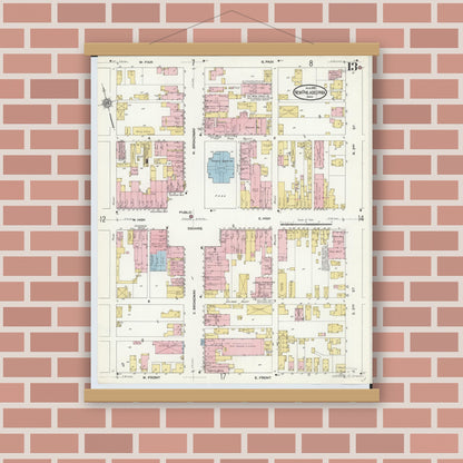 Old map wall art mockup — magnetic wood frame on brick wall — Sanborn Fire Insurance Map from New Philadelphia, Tuscarawas County, Ohio (1910), Sheet #0013