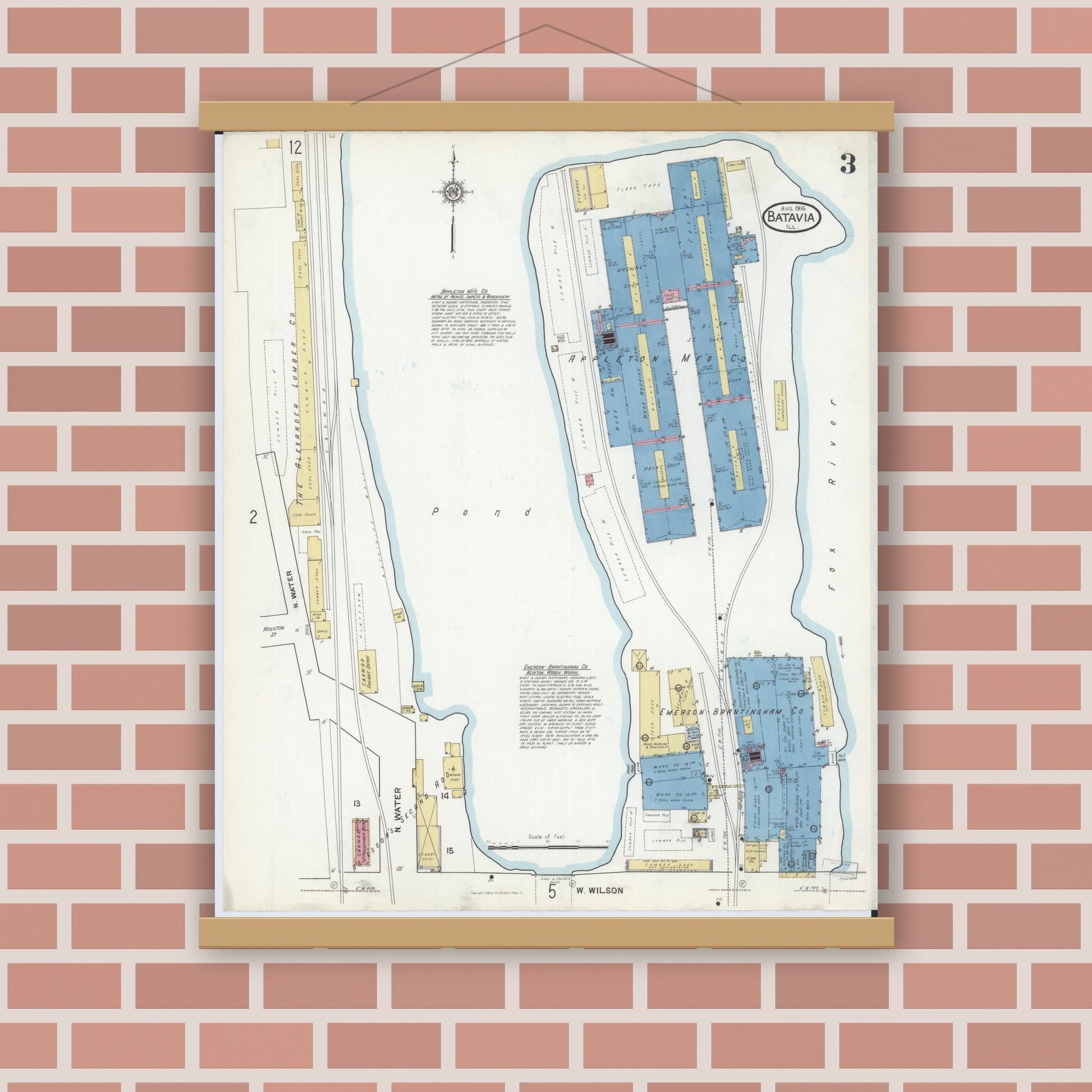 Old map wall art mockup — magnetic wood frame on brick wall — Sanborn Fire Insurance Map from Batavia, Kane County, Illinois (1916), Sheet #0003
