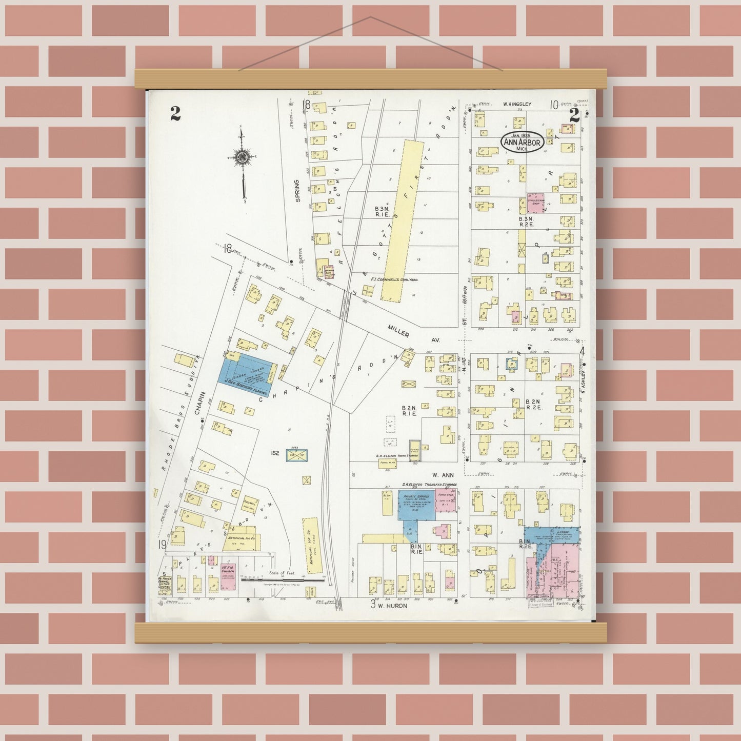 Old map wall art mockup — magnetic wood frame on brick wall — Sanborn Fire Insurance Map from Ann Arbor, Washtenaw County, Michigan (1925), Sheet #0002