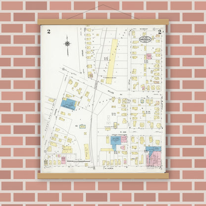 Old map wall art mockup — magnetic wood frame on brick wall — Sanborn Fire Insurance Map from Ann Arbor, Washtenaw County, Michigan (1925), Sheet #0002