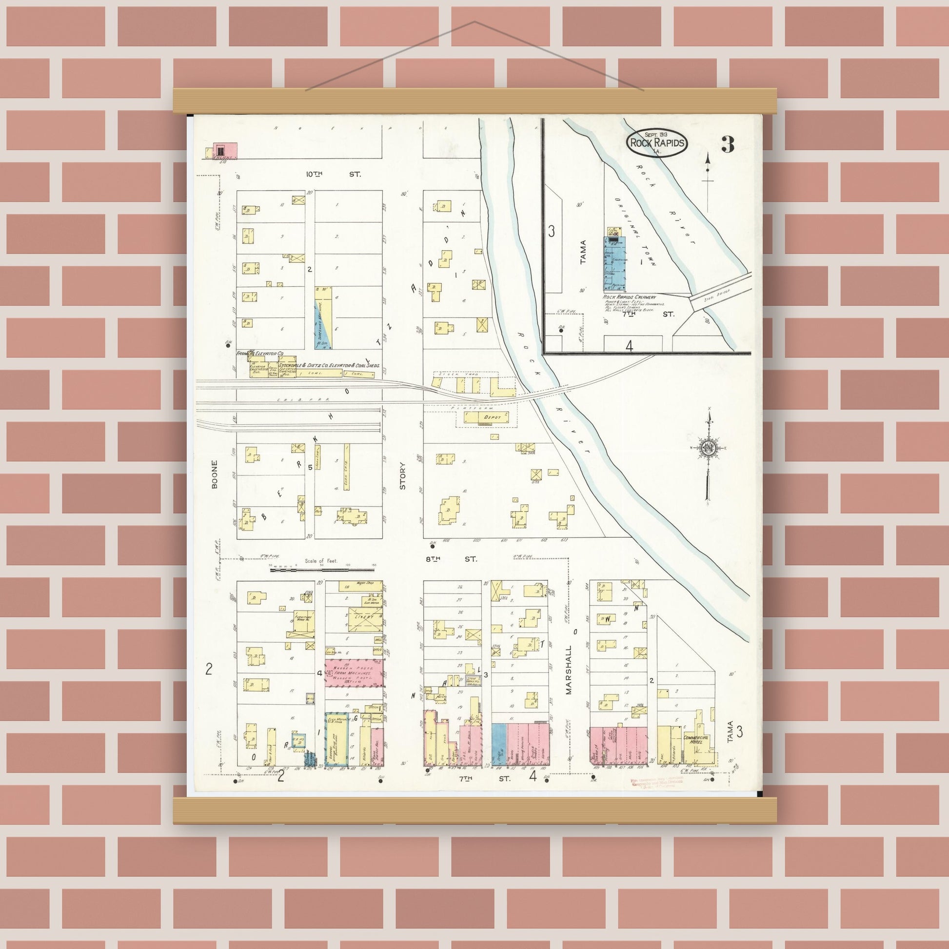 Old map wall art mockup — magnetic wood frame on brick wall — Sanborn Fire Insurance Map from Rock Rapids, Lyon County, Iowa (1913), Sheet #0003