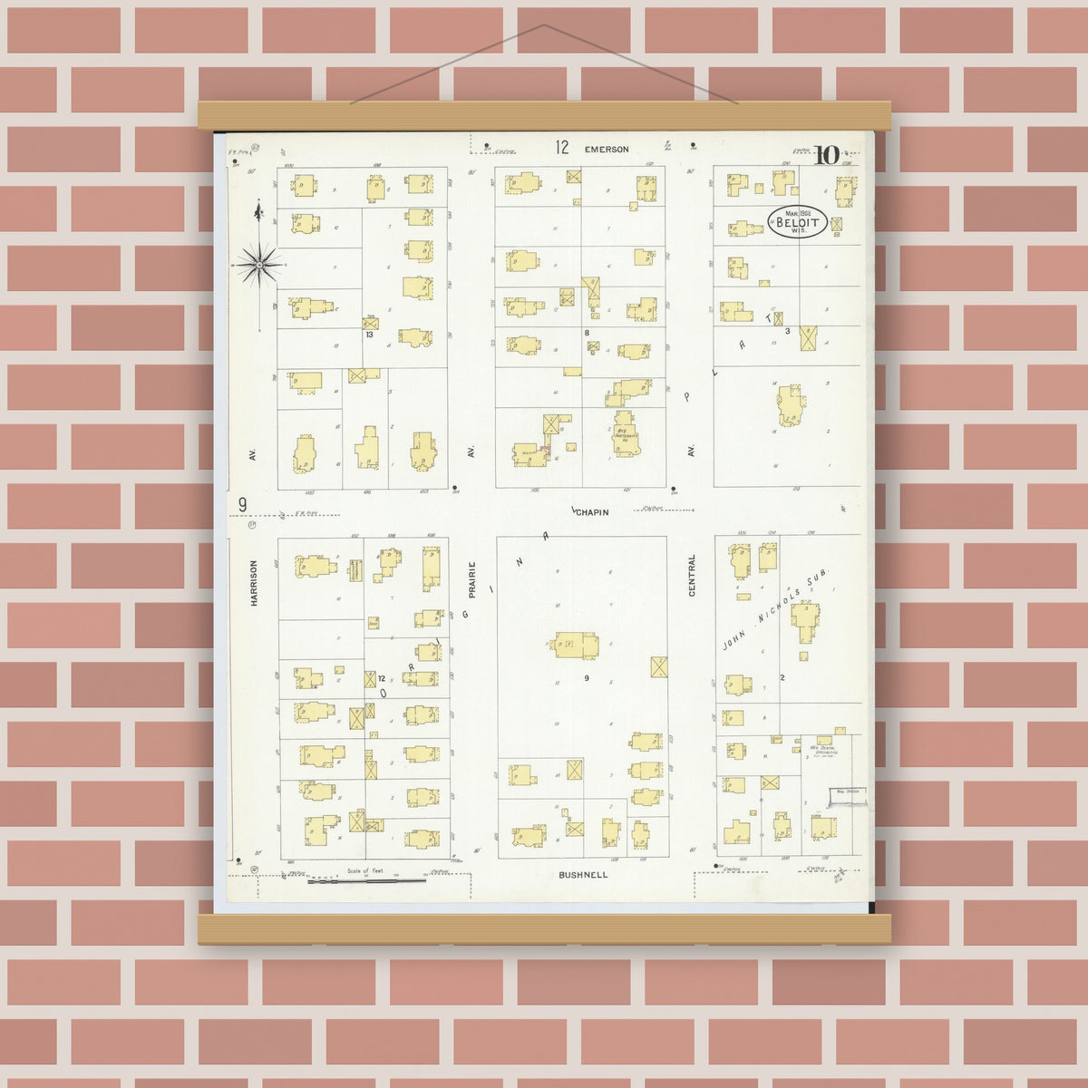 Old map wall art mockup — magnetic wood frame on brick wall — Sanborn Fire Insurance Map from Beloit, Rock County, Wisconsin (1908), Sheet #0010