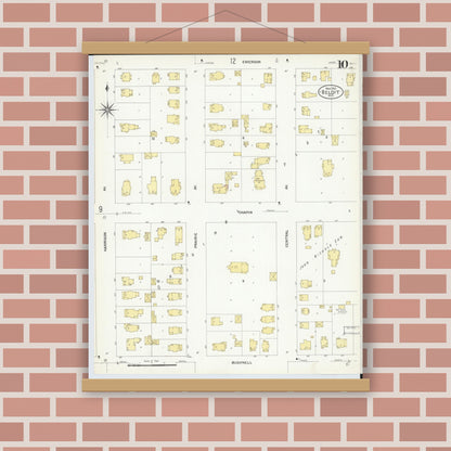 Old map wall art mockup — magnetic wood frame on brick wall — Sanborn Fire Insurance Map from Beloit, Rock County, Wisconsin (1908), Sheet #0010