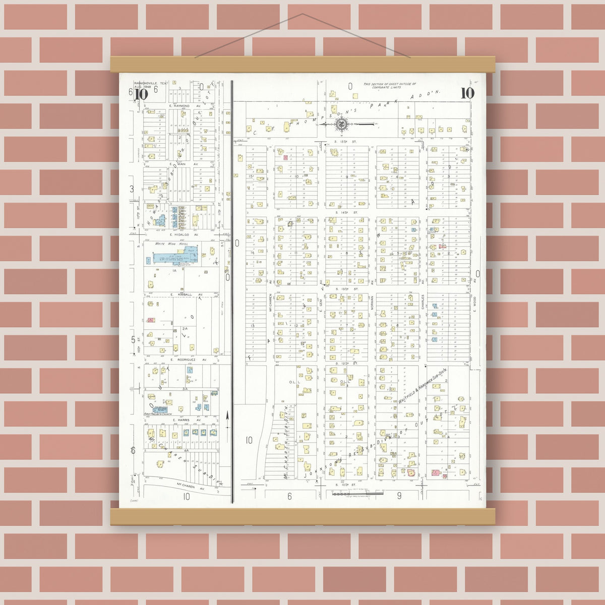 Old map wall art mockup — magnetic wood frame on brick wall — Sanborn Fire Insurance Map from Raymondville, Willacy County, Texas (1948), Sheet #0010