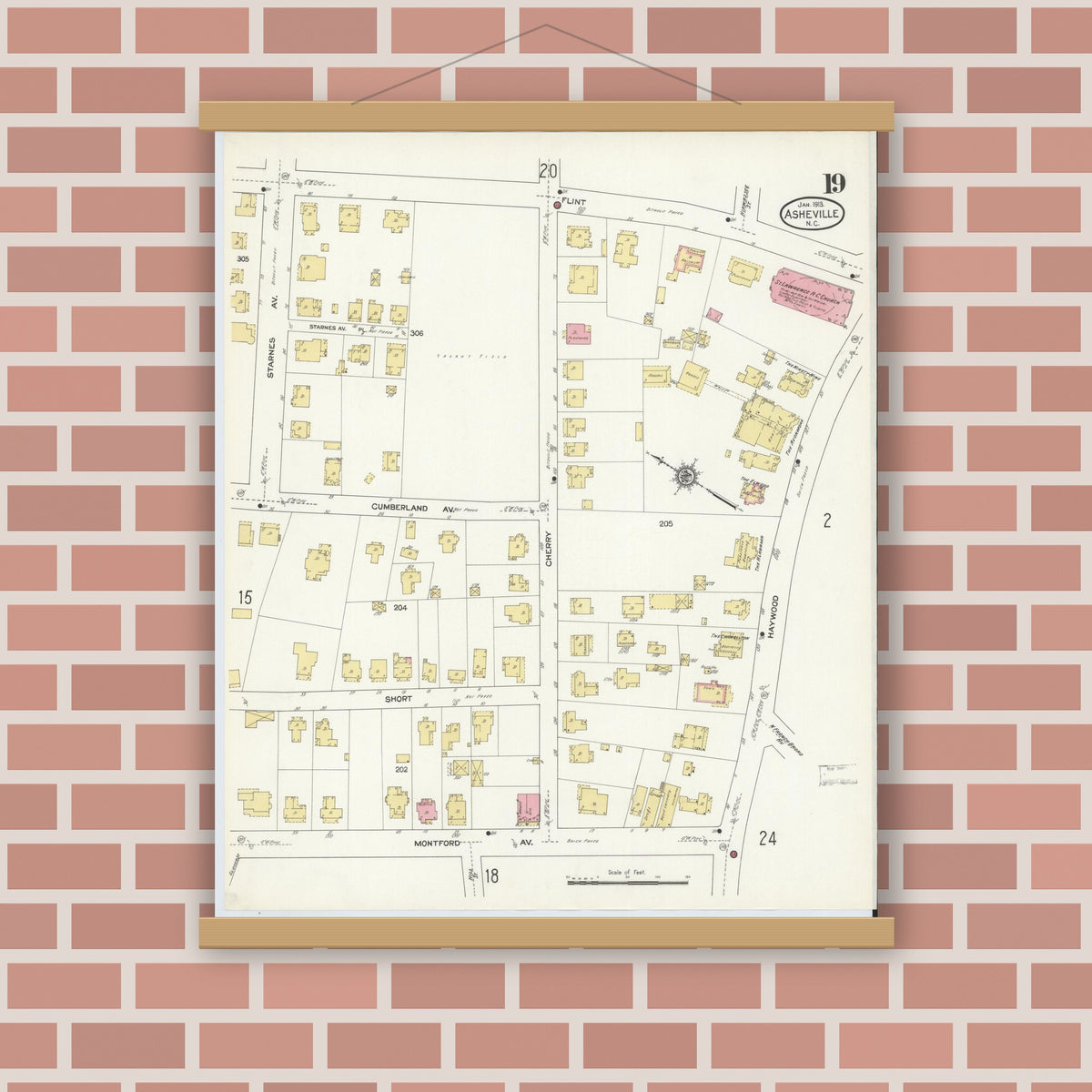 Old map wall art mockup — magnetic wood frame on brick wall — Sanborn Fire Insurance Map from Asheville, Buncombe County, North Carolina (1913), Sheet #0019