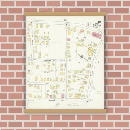 Old map wall art mockup — magnetic wood frame on brick wall — Sanborn Fire Insurance Map from Asheville, Buncombe County, North Carolina (1913), Sheet #0019
