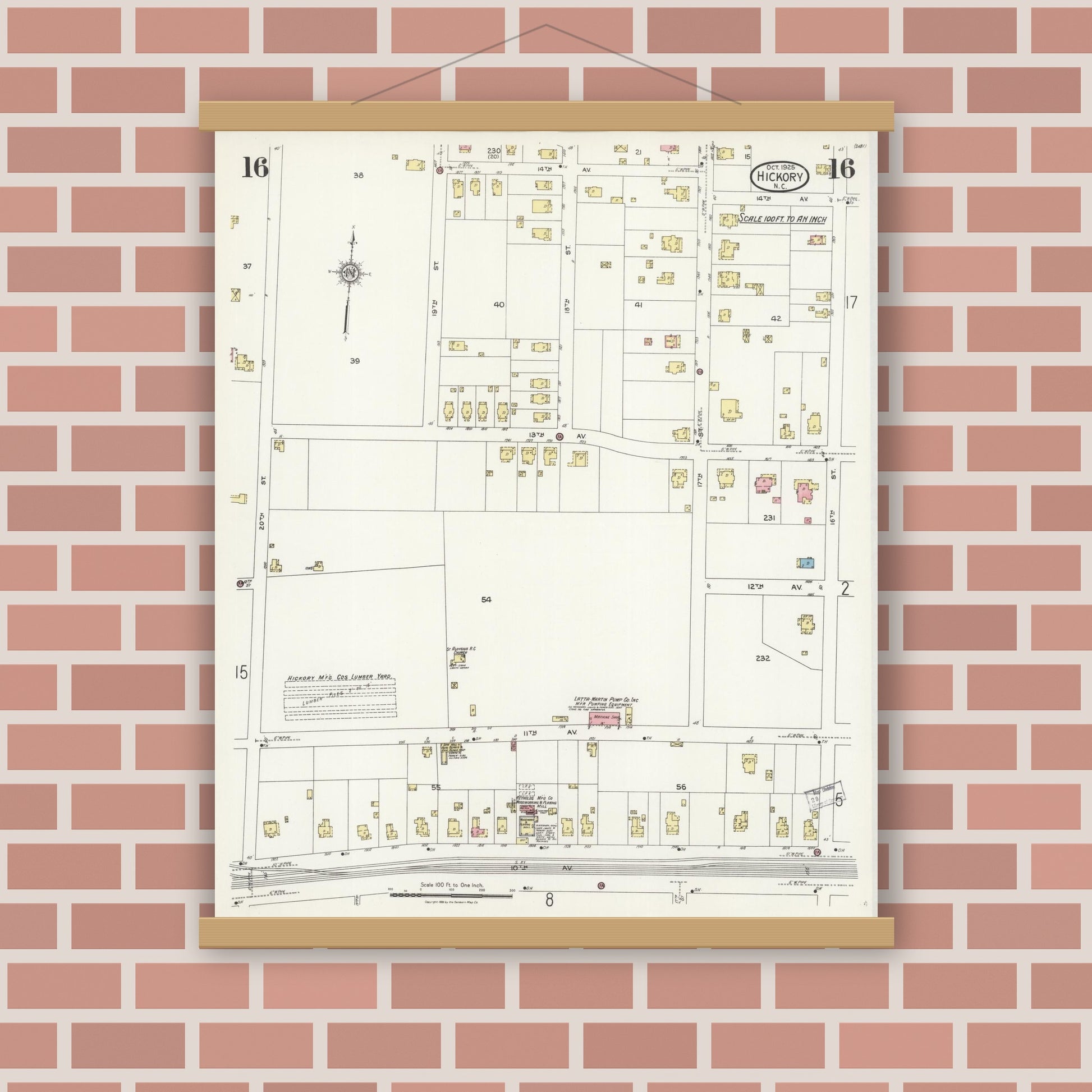 Old map wall art mockup — magnetic wood frame on brick wall — Sanborn Fire Insurance Map from Hickory, Catawba County, North Carolina (1925), Sheet #0016