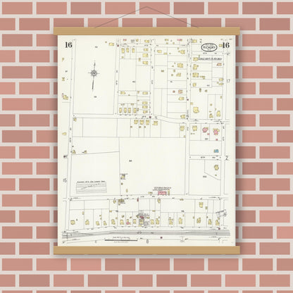 Old map wall art mockup — magnetic wood frame on brick wall — Sanborn Fire Insurance Map from Hickory, Catawba County, North Carolina (1925), Sheet #0016