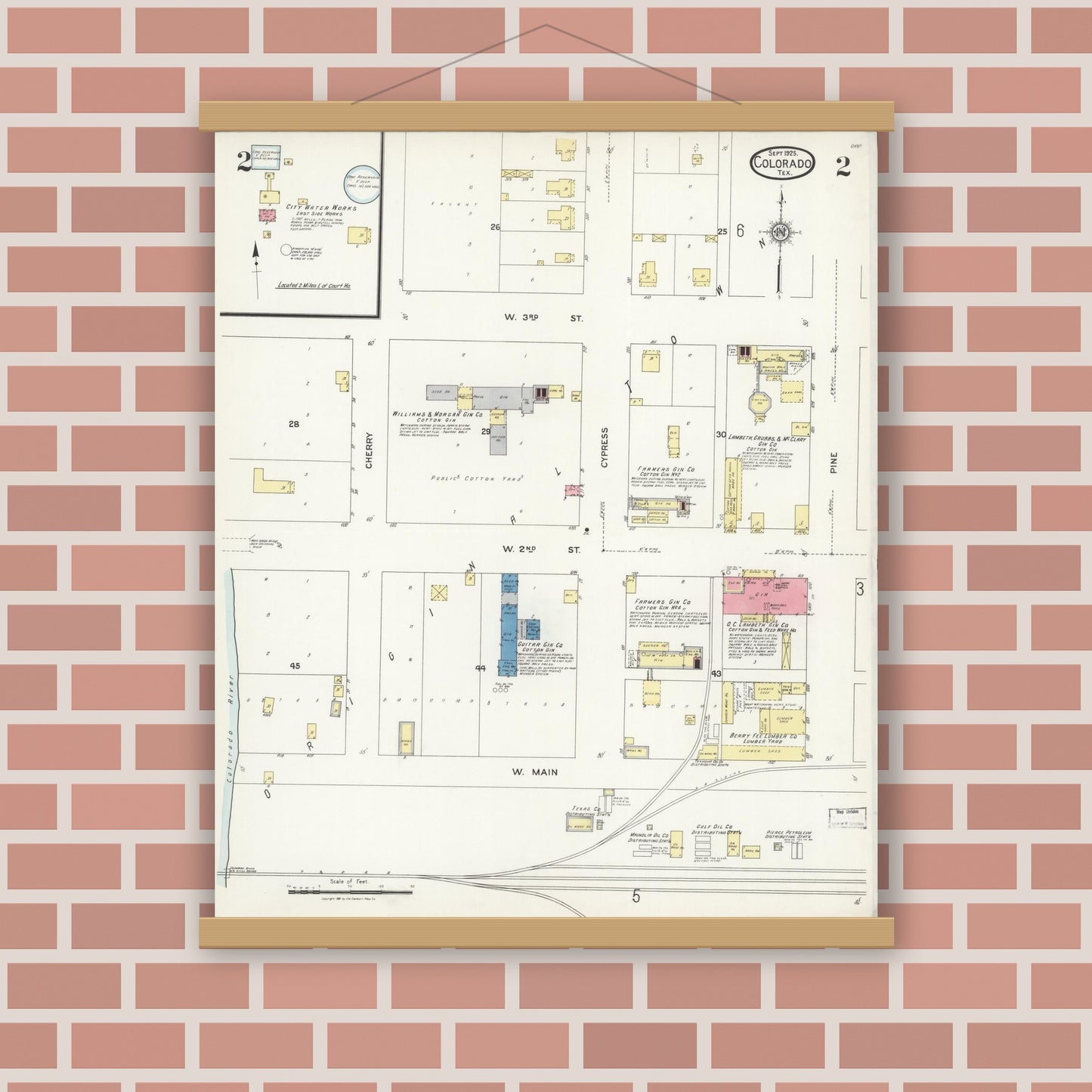 Old map wall art mockup — magnetic wood frame on brick wall — Sanborn Fire Insurance Map from Colorado, Mitchell County, Texas (1925), Sheet #0002