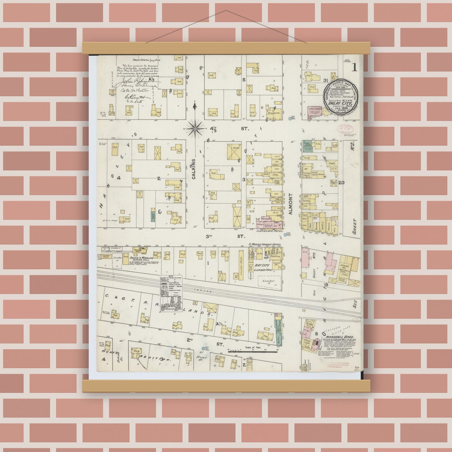 Old map wall art mockup — magnetic wood frame on brick wall — Sanborn Fire Insurance Map from Imlay City, Lapeer County, Michigan (1890) - Complete Map Set
