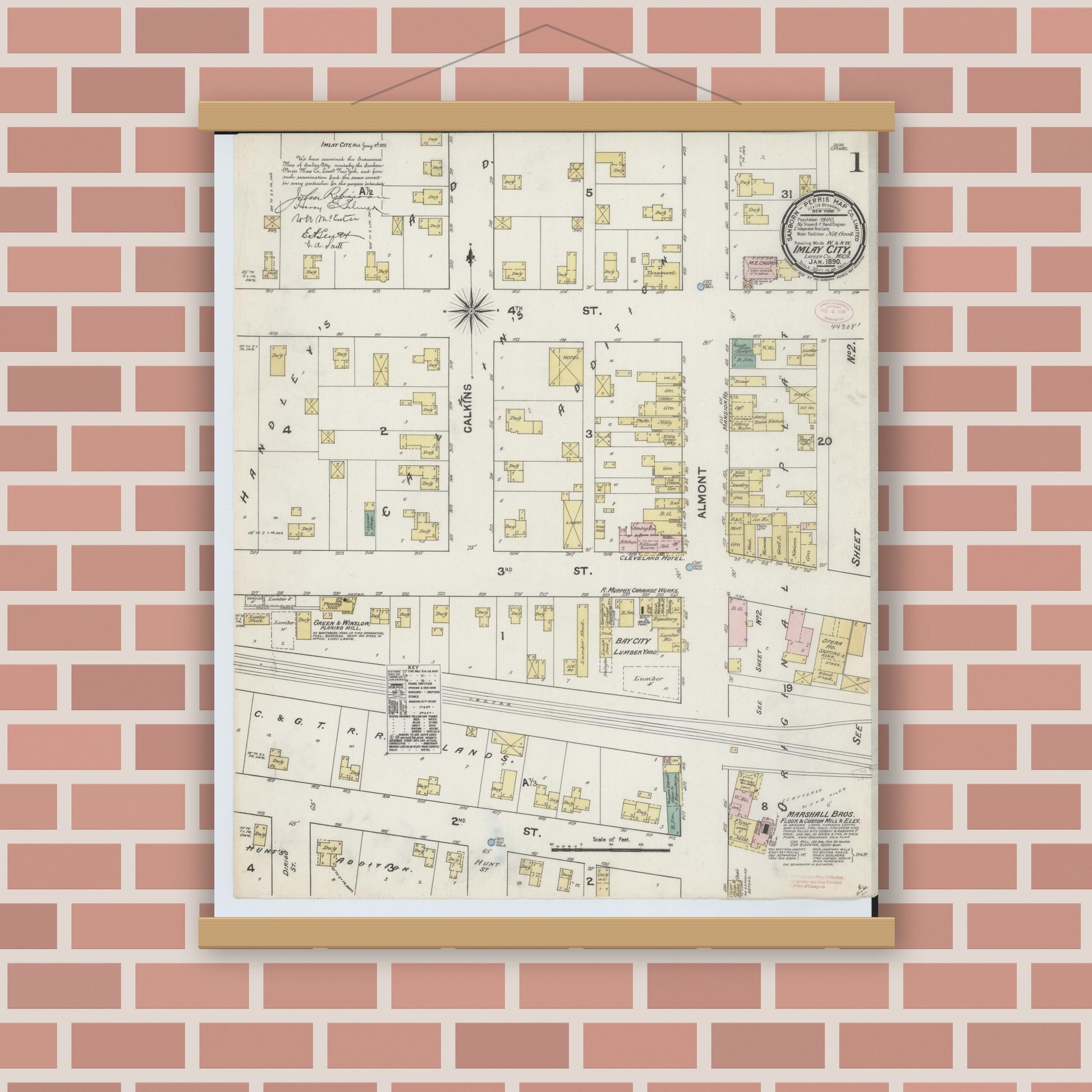 Old map wall art mockup — magnetic wood frame on brick wall — Sanborn Fire Insurance Map from Imlay City, Lapeer County, Michigan (1890) - Complete Map Set