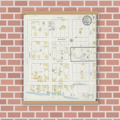 Old map wall art mockup — magnetic wood frame on brick wall — Sanborn Fire Insurance Map from Algonac, Saint Clair County, Michigan (1895), Sheet #0001